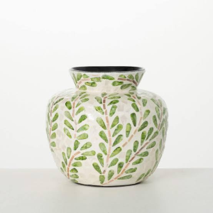 Short Round Mosaic Leaf Patterned Ceramic Tabletop Vase