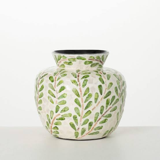 Short Round Mosaic Leaf Patterned Ceramic Tabletop Vase