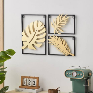 Golden Monstera and Palm Leaf Framed Metal Wall Art Set