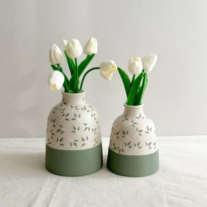 Two-Tone Botanical Leaf Printed Ceramic Vase